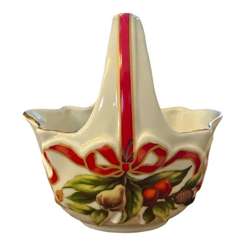 1950s Made in Japan Christmas Basket with Red Ribbon & Fruit – Vintage Ceramic H